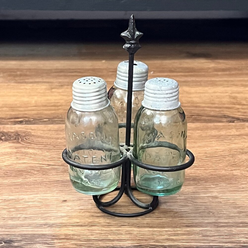 Vintage Mason Jar Salt, Pepper, Spice Holder with Iron Caddy - Picture 11 of 11